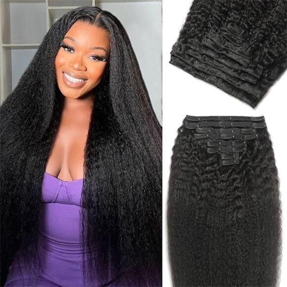 Clip in Hair Extensions Real Human Hair 20 Inch 8Pcs 120g Kinky Straight Clip - Picture 7 of 7